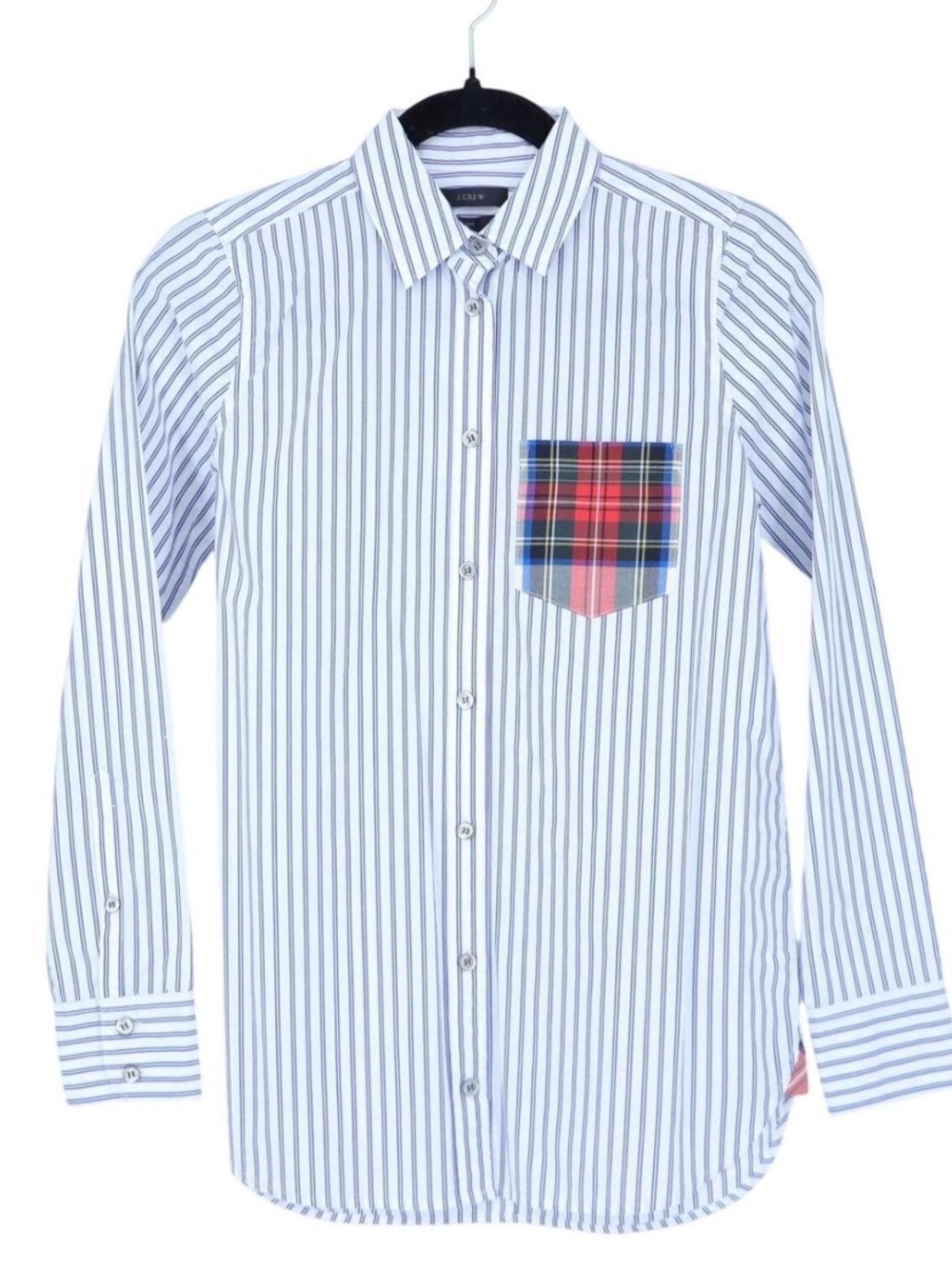 J. Crew Women’s Boy Fit Blue Pinstripe Button down Tartan plaid pocket sz 8
